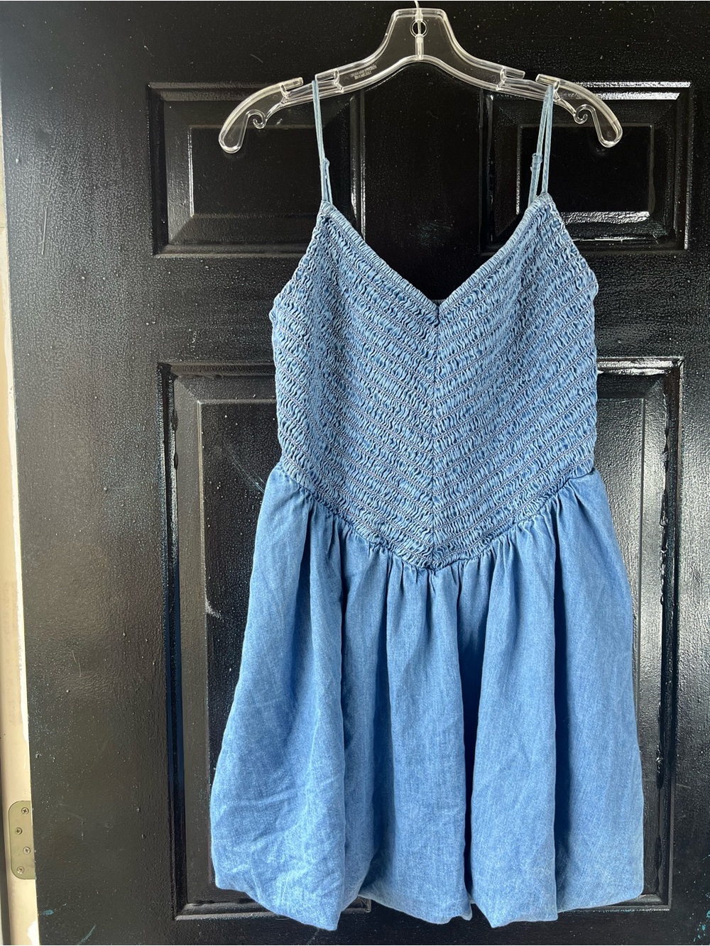 American Eagle Bella Bubble Mini Dress Denim Stretch Smocked Tank Large Cottage - Picture 2 of 9